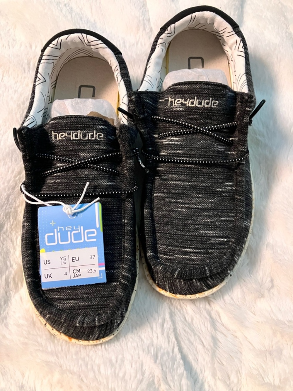 Hey Dude Black Knit Slip-On Sneakers with White Interior